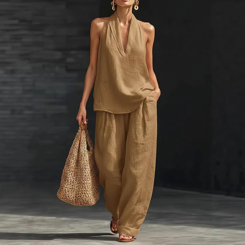 Danielle - Women's Halter Neck Top and Wide-Leg Pants Set