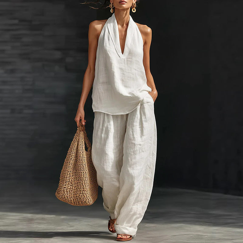 Danielle - Women's Halter Neck Top and Wide-Leg Pants Set