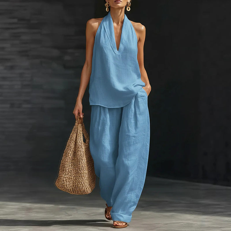 Danielle - Women's Halter Neck Top and Wide-Leg Pants Set