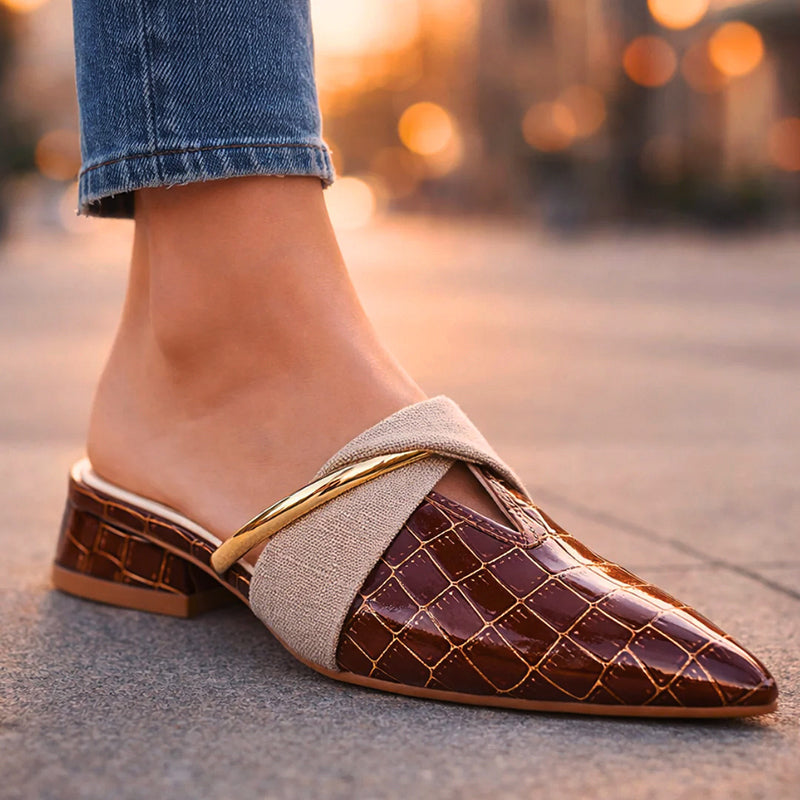 Daphne - Women's Pointed Toe Mules with Gold Accent