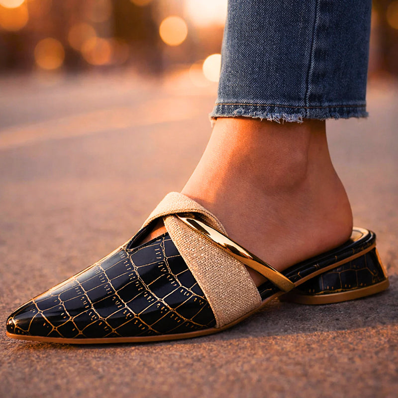 Daphne - Women's Pointed Toe Mules with Gold Accent