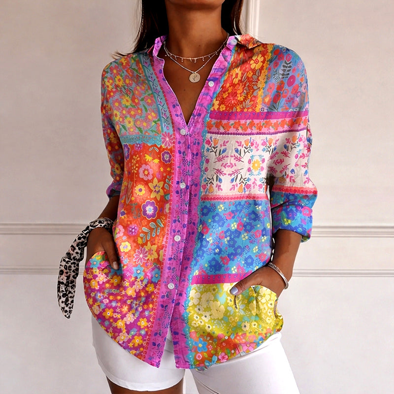 Elena - Women's Floral Mix Pattern Button Shirt