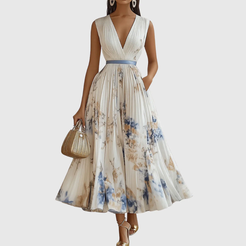 Emily - Women's Pleated Midi Dress with Floral Print