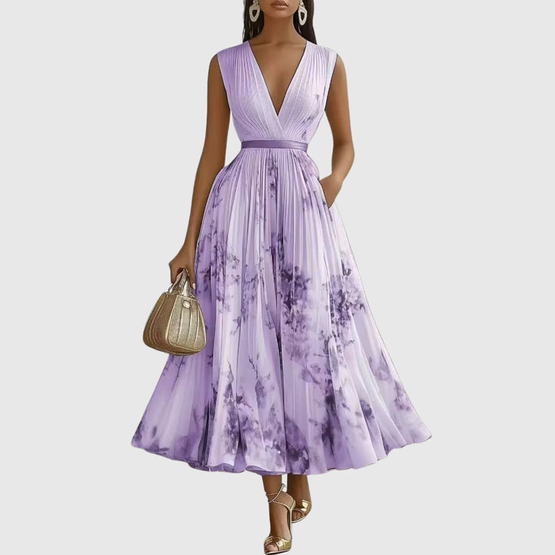 Emily - Women's Pleated Midi Dress with Floral Print