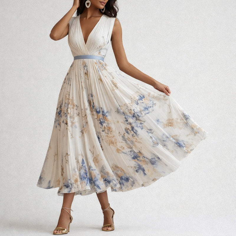 Emily - Women's Pleated Midi Dress with Floral Print