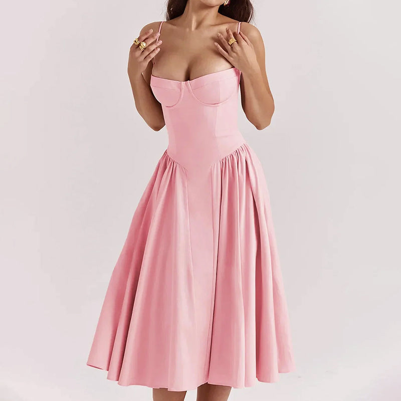 Emma - Women’s Corset Midi Dress with Flared Skirt