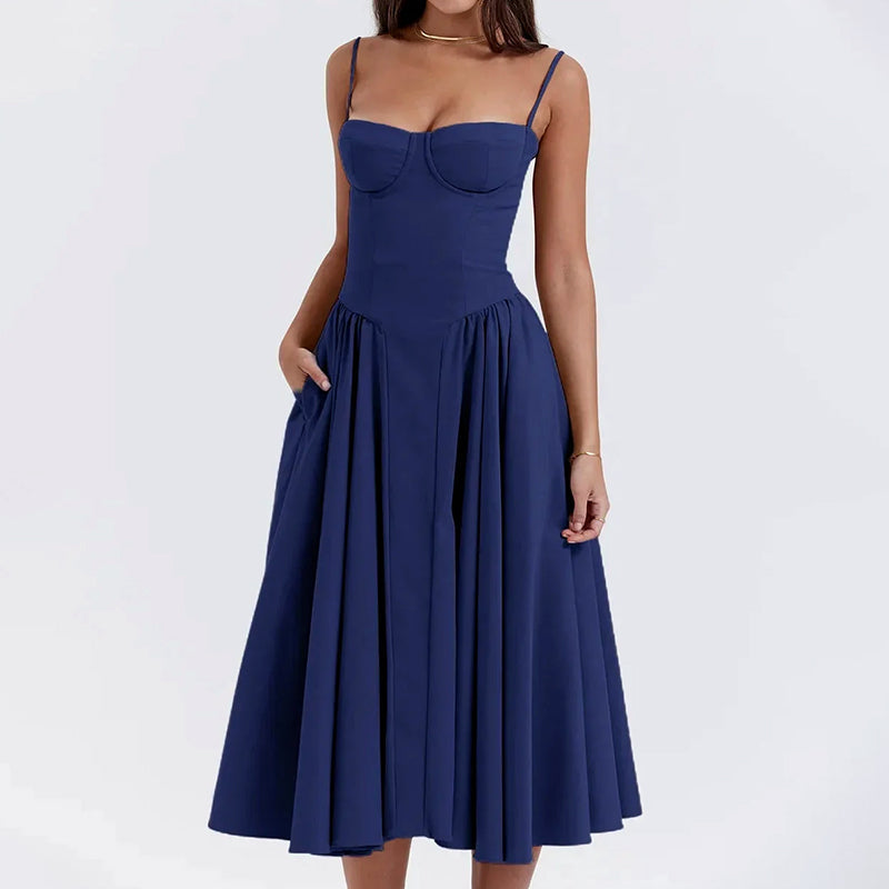 Emma - Women’s Corset Midi Dress with Flared Skirt