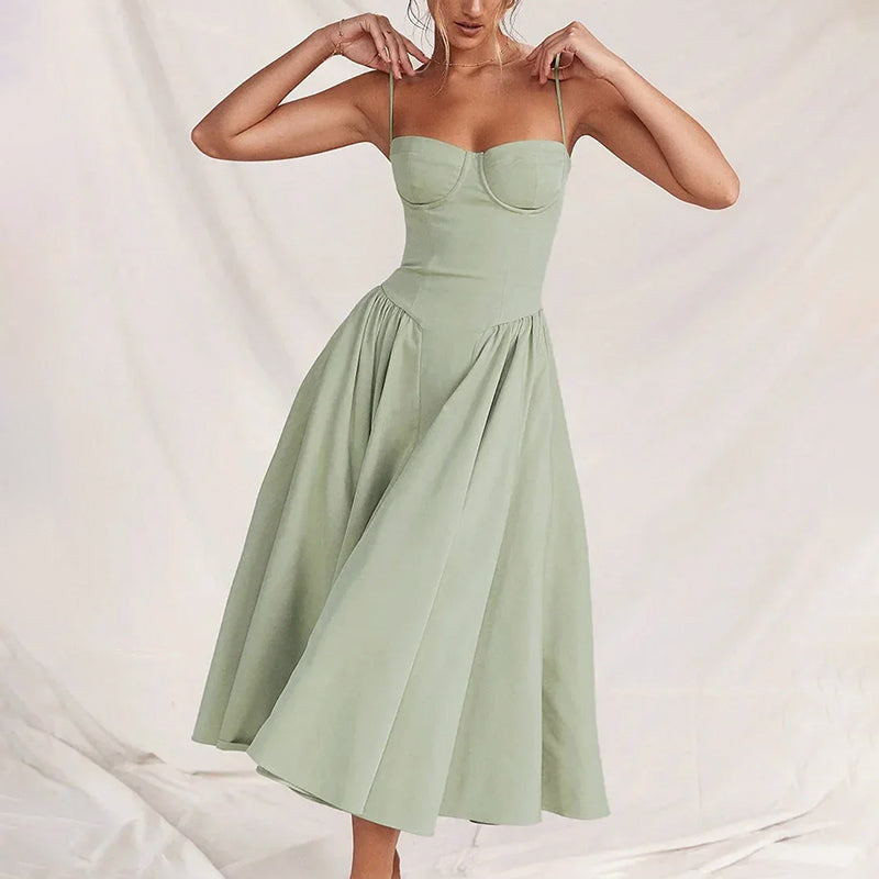 Emma - Women’s Corset Midi Dress with Flared Skirt