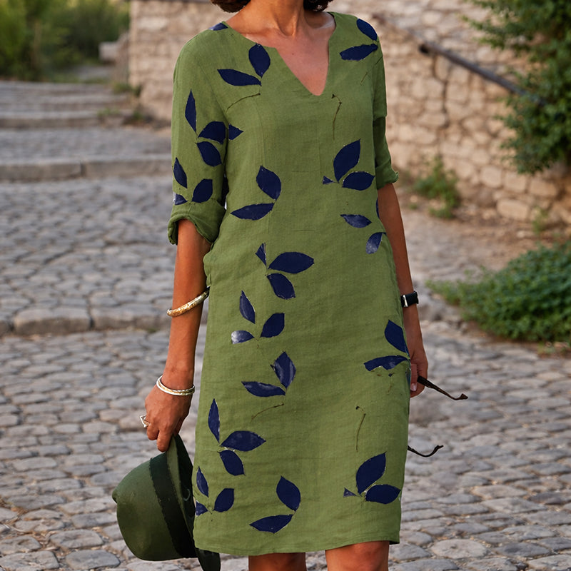 Erica - Women's Leaf Print V-Neck Casual Midi Dress