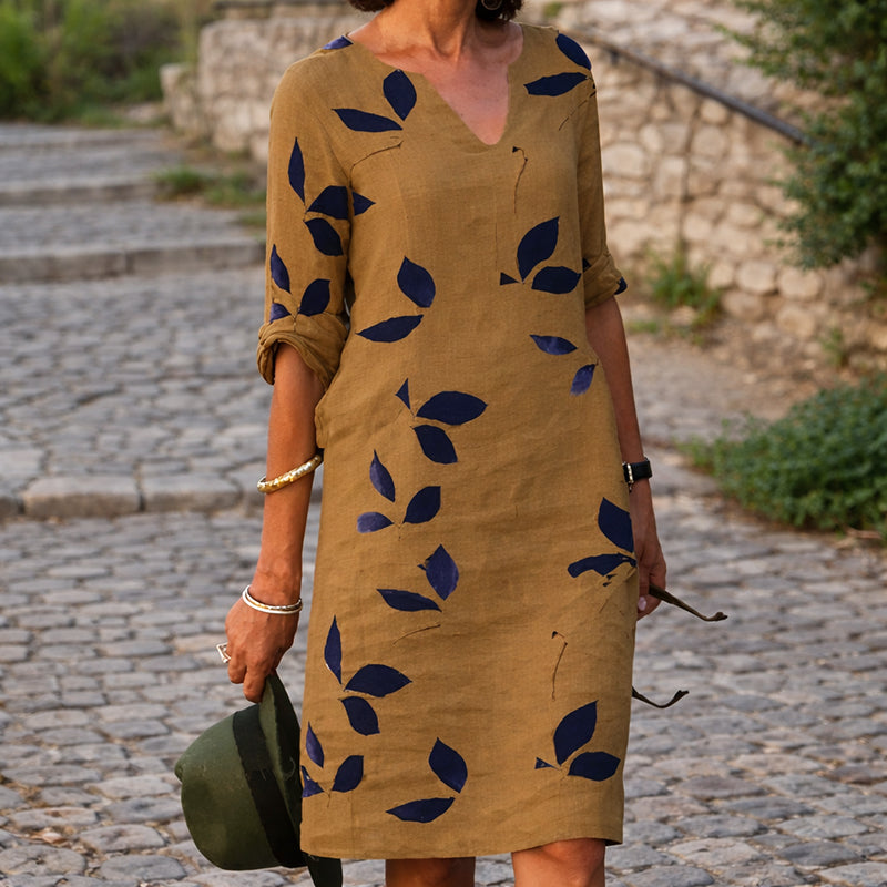 Erica - Women's Leaf Print V-Neck Casual Midi Dress