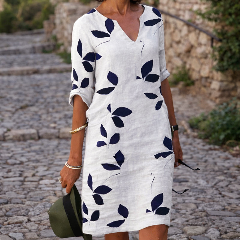 Erica - Women's Leaf Print V-Neck Casual Midi Dress