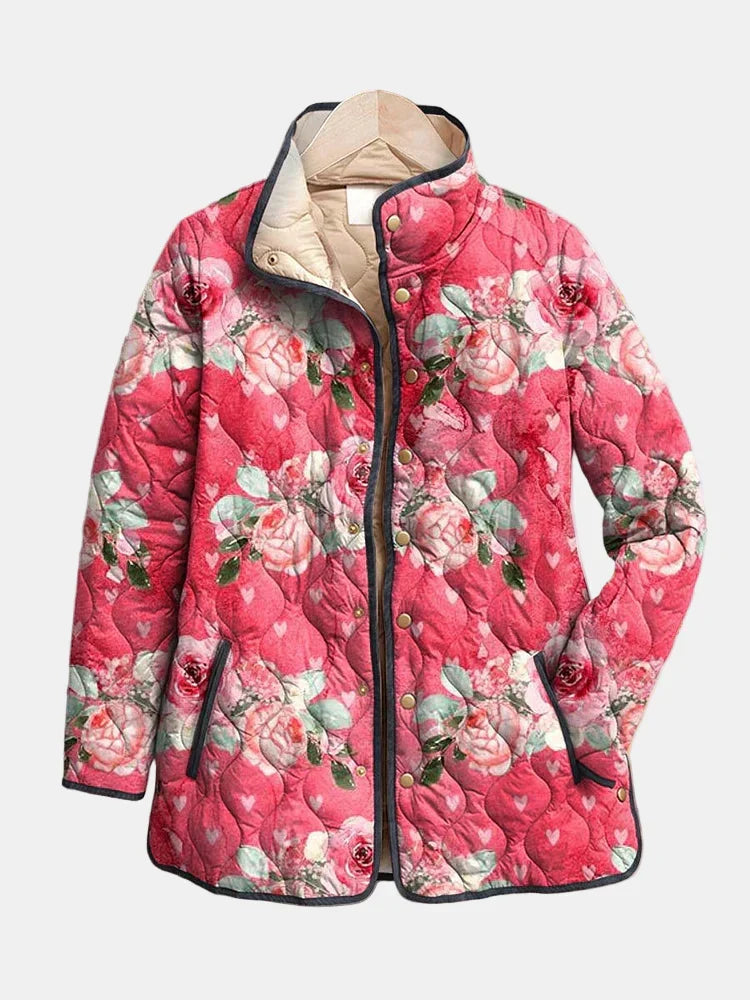 Estella - Women's Rose Pattern Snap-Front Quilted Jacket