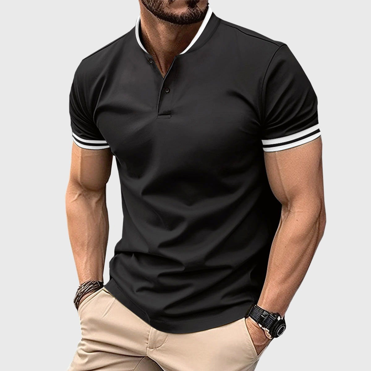 Ethan Cole Short Sleeve Henley Shirt with Contrast Trim