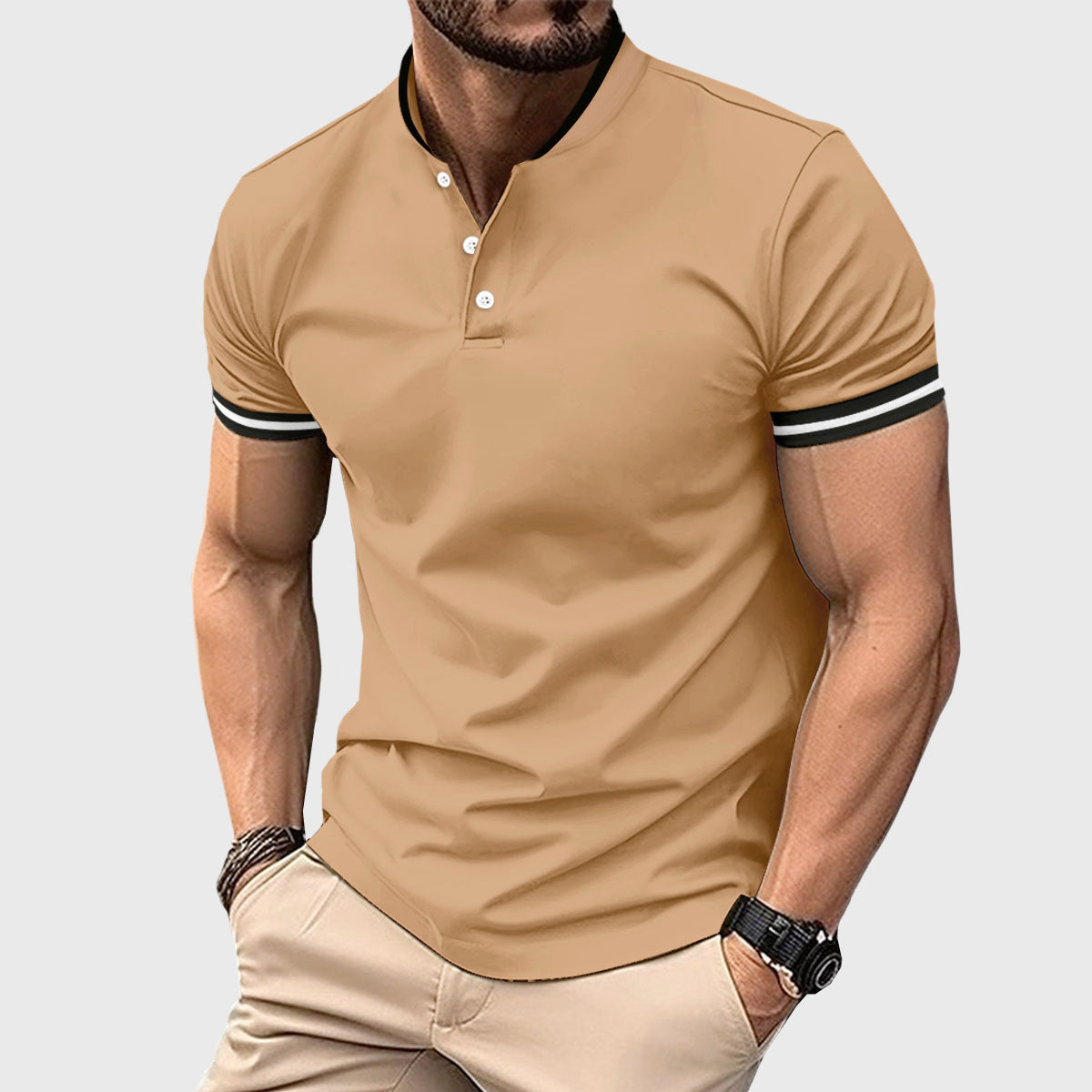 Ethan Cole Short Sleeve Henley Shirt with Contrast Trim