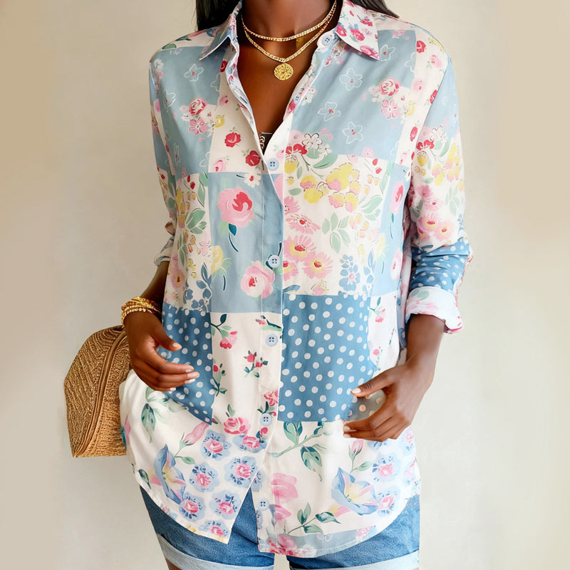 Evelyn - Women's Floral Patchwork Collared Blouse