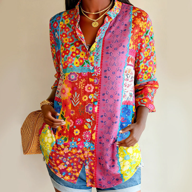 Evelyn - Women's Floral Patchwork Collared Blouse