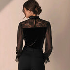 Everly - Women's Lace Trim V-Neck Velvet Top