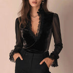Everly - Women's Lace Trim V-Neck Velvet Top