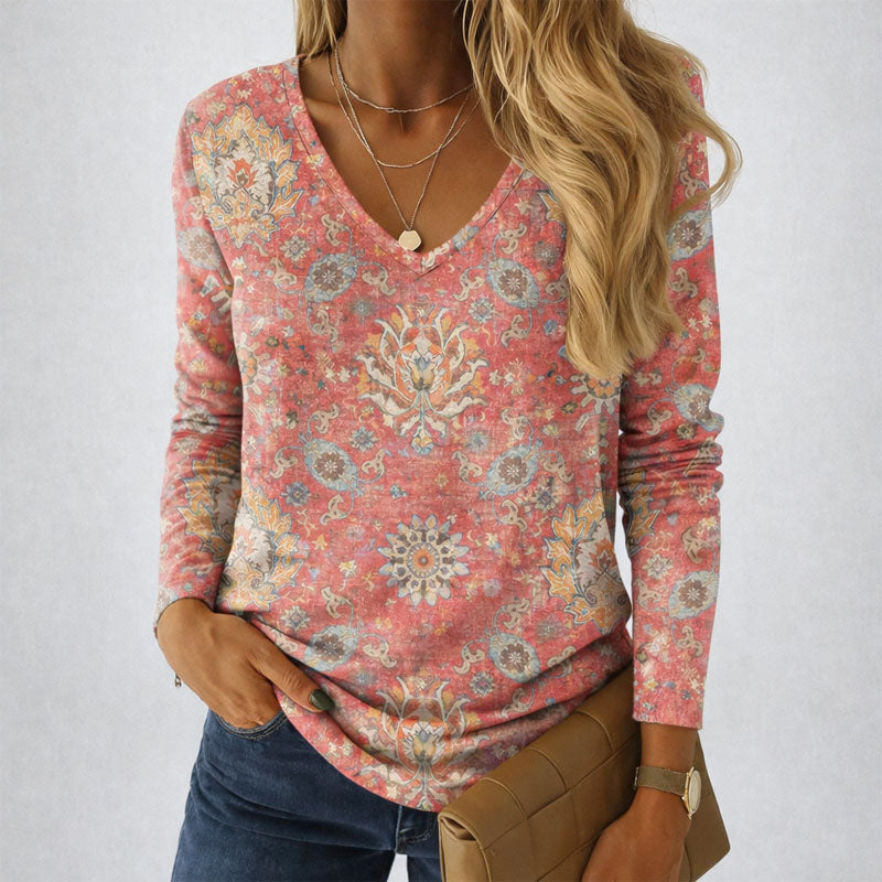 Hailey - Women's Relaxed Fit Patterned V-Neck Shirt