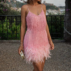 Hailey - Women’s Fringe Sequin Mini Dress with Feather Hem