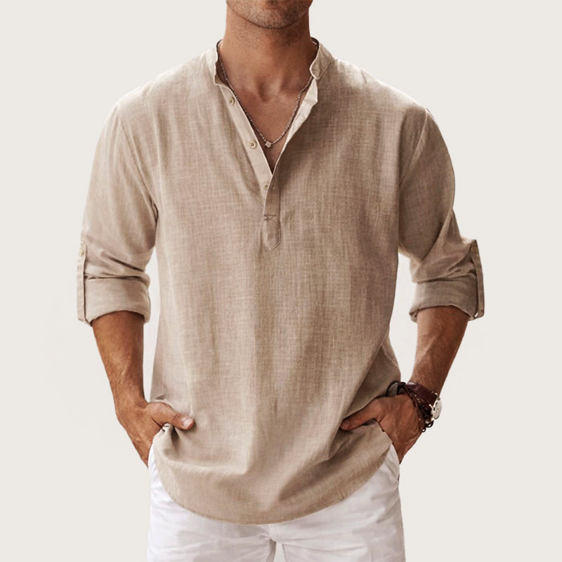 Jake - Men's Long Sleeve Henley Shirt with Roll-Up Sleeves
