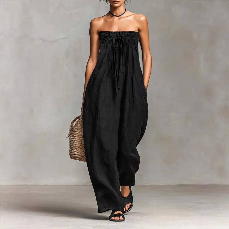 Jasmine - Women's Strapless Smocked Wide-Leg Jumpsuit