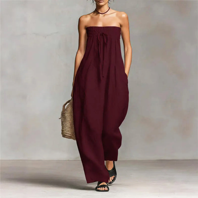 Jasmine - Women's Strapless Smocked Wide-Leg Jumpsuit