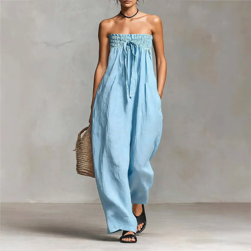 Jasmine - Women's Strapless Smocked Wide-Leg Jumpsuit