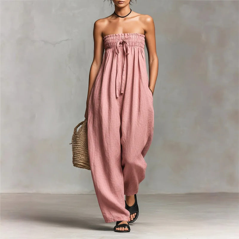 Jasmine - Women's Strapless Smocked Wide-Leg Jumpsuit