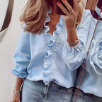 Julia - Women’s Ruffle V-Neck Blouse with Long Sleeves