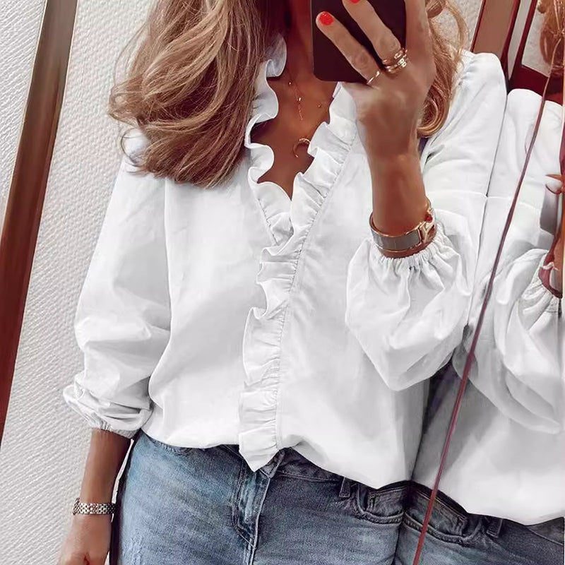 Julia - Women’s Ruffle V-Neck Blouse with Long Sleeves