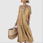 Kayla - Women's Loose Fit Midi Dress with Tie Neck