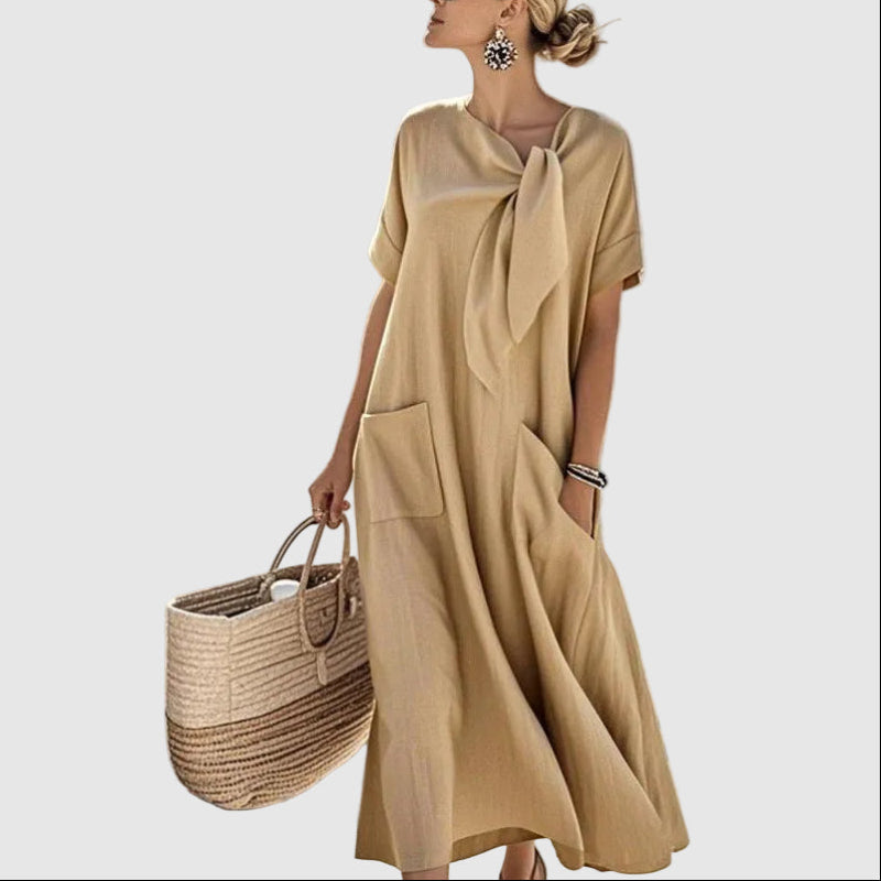 Kayla - Women's Loose Fit Midi Dress with Tie Neck