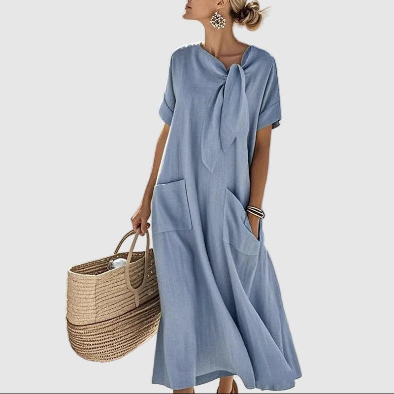 Kayla - Women's Loose Fit Midi Dress with Tie Neck