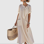 Kayla - Women's Loose Fit Midi Dress with Tie Neck