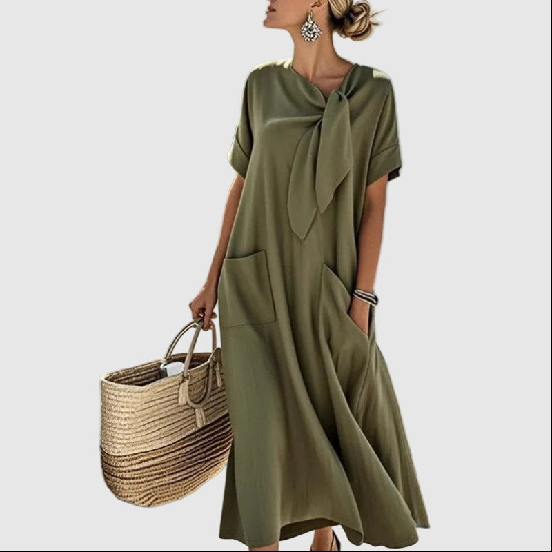 Kayla - Women's Loose Fit Midi Dress with Tie Neck