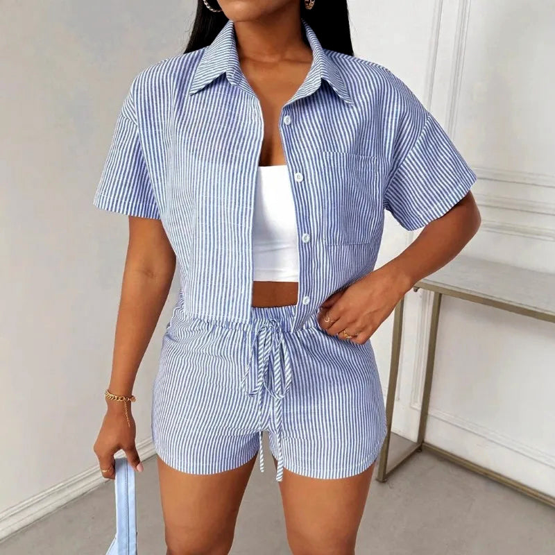 Kayla - Women's Striped Button-Up Shirt and Shorts Set