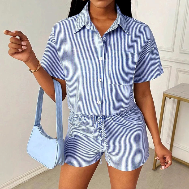 Kayla - Women's Striped Button-Up Shirt and Shorts Set