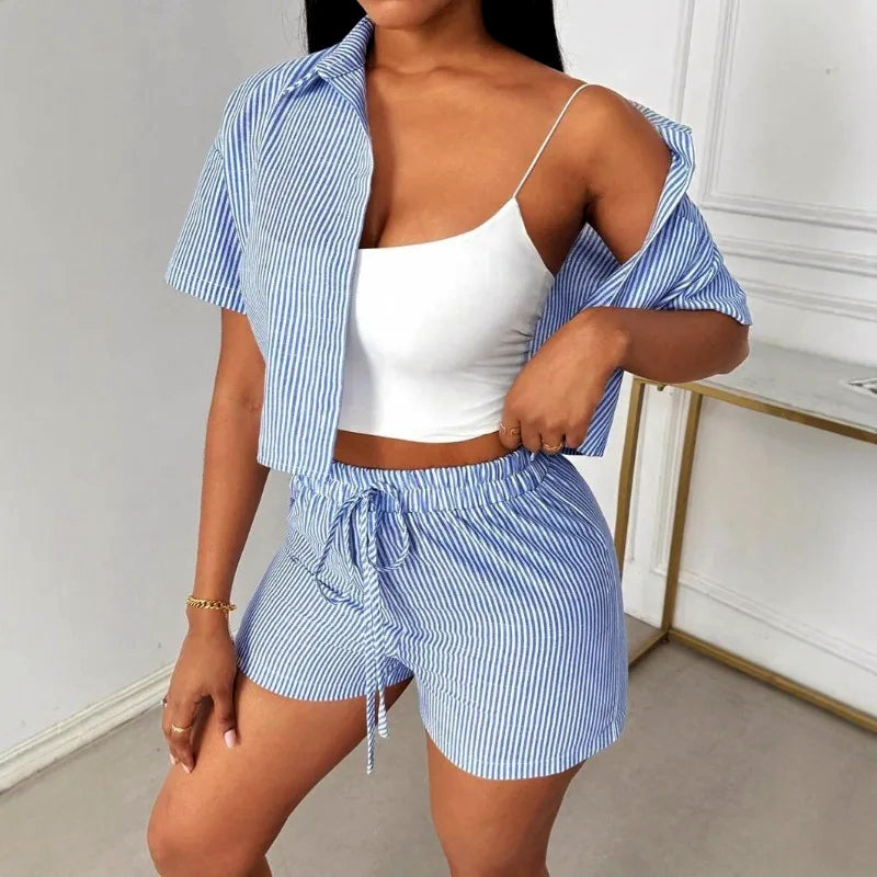 Kayla - Women's Striped Button-Up Shirt and Shorts Set