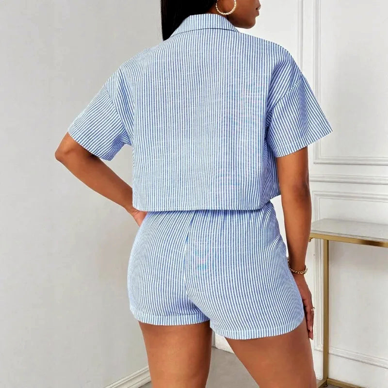 Kayla - Women's Striped Button-Up Shirt and Shorts Set
