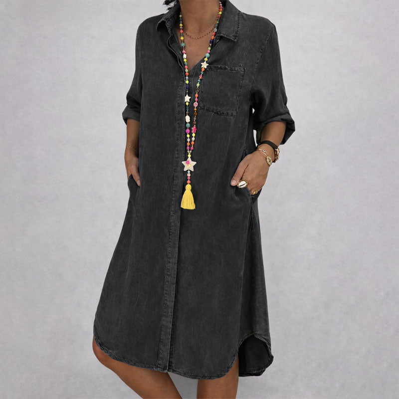 Kelly - Women's Long Sleeve Denim Shirt Dress