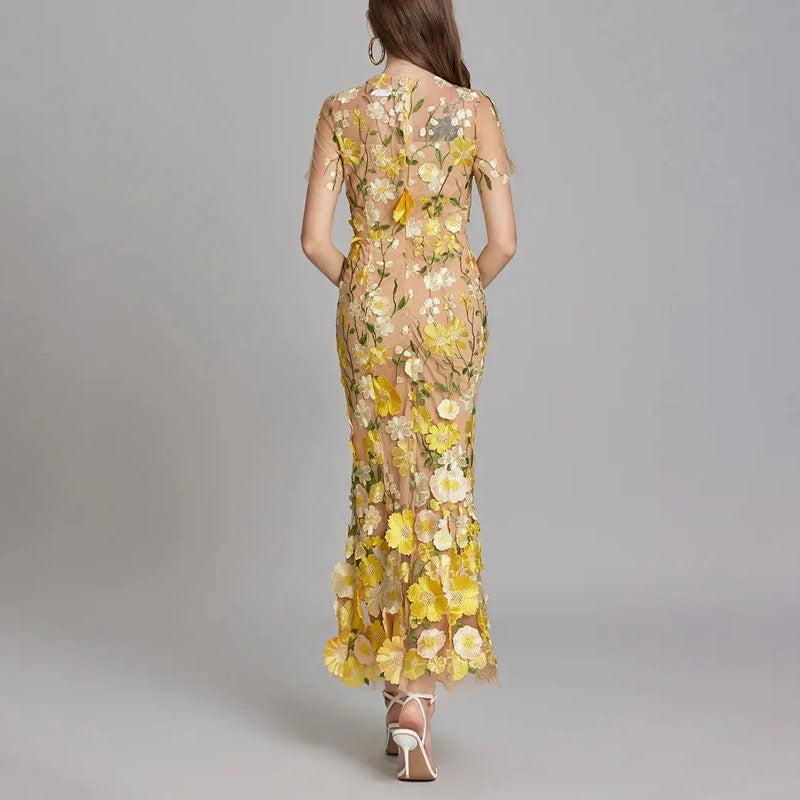 Kirsten - Women’s Sheer Overlay Floral Embroidered Dress