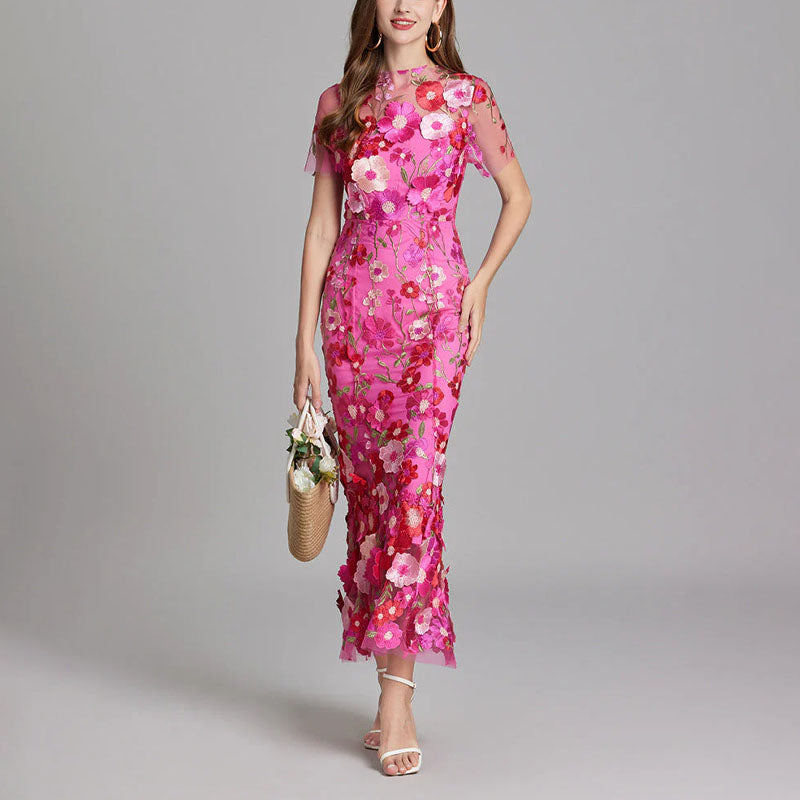 Kirsten - Women’s Sheer Overlay Floral Embroidered Dress