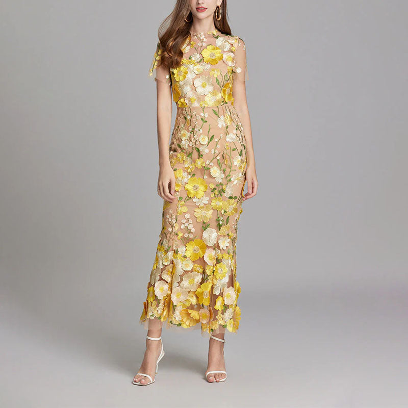 Kirsten - Women’s Sheer Overlay Floral Embroidered Dress