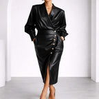 Kristin - Women's Leather Midi Dress with Wrap Front