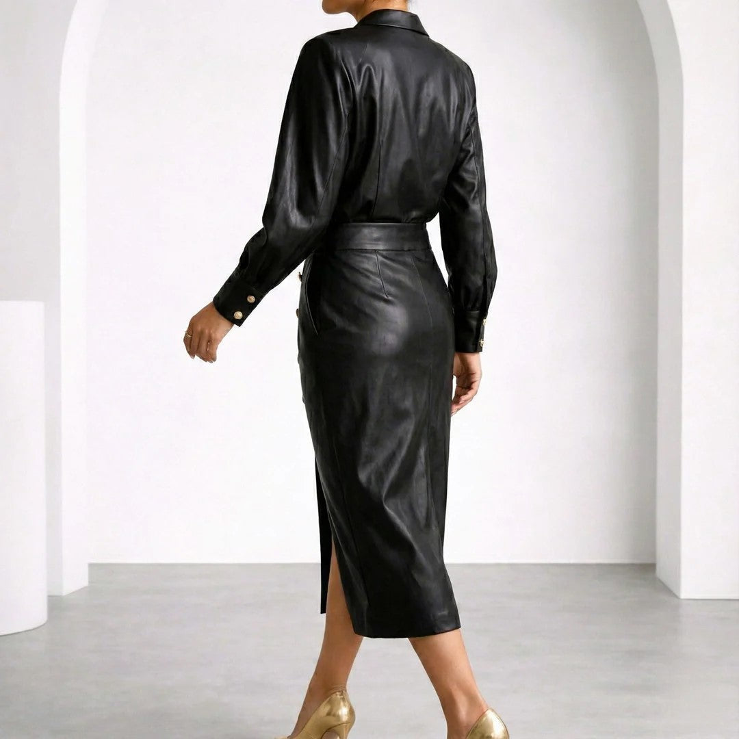Kristin - Women's Leather Midi Dress with Wrap Front