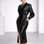 Kristin - Women's Leather Midi Dress with Wrap Front