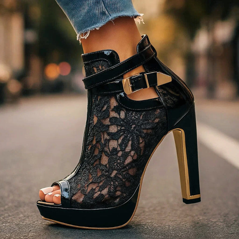 Lauren - Women’s Lace Mesh Buckle Strap High Heels