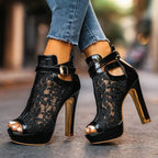 Lauren - Women’s Lace Mesh Buckle Strap High Heels