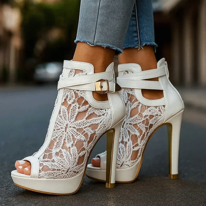 Lauren - Women’s Lace Mesh Buckle Strap High Heels